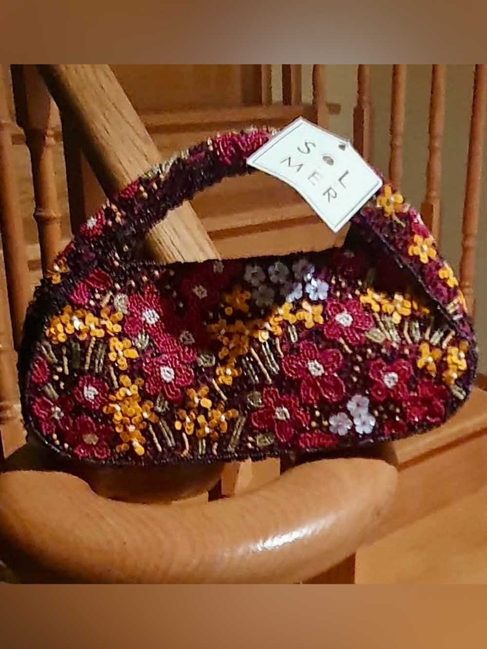🍁 NWT SOL and Mer Hand-Embellished Burgundy Floral Beaded Handle Bag